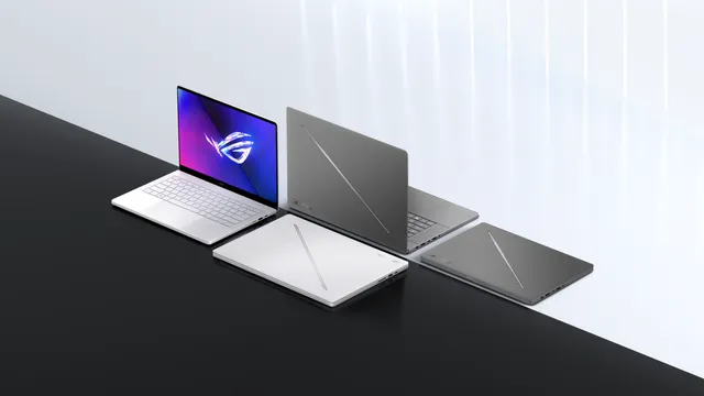 Two Zephyrus G14 and G16 Laptops, Eclipse Gray and Platinum White, Back to Back on Gray and White Background.