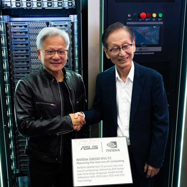 1. Asus Chairman Jonney Shih and Nvidia Ceo Jensen Huang Pose for a Photo in Front of the Asus Esc AI Pod Which Utilizes the Nvidia G B200 Nv L72.