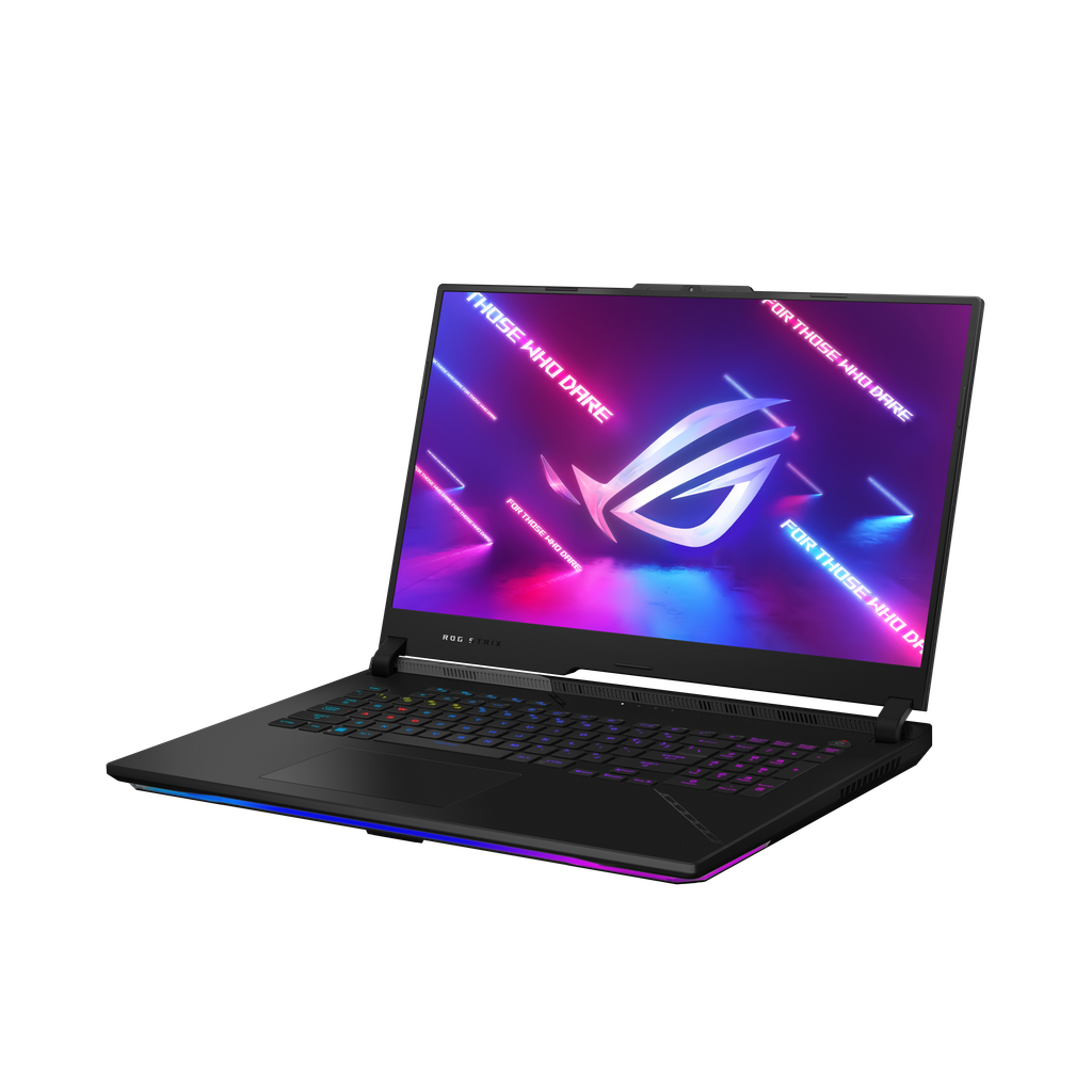 Off centered shot of the front side of the ROG Strix SCAR 17 with ROG Fearless Eye logo on screen